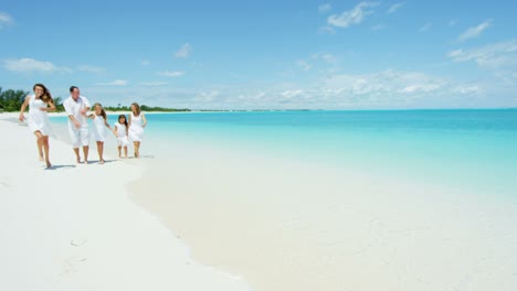 happy caucasian family walking on a tropical beach