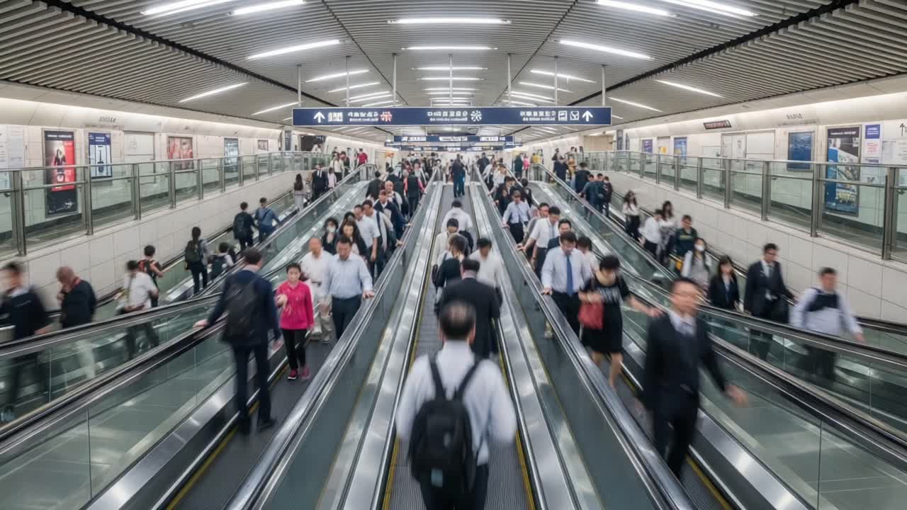 A Busy Urban Escalator Scene Capturing the Daily Rush of Commuters in a Thriving Metro Station, Highlighting the Movement and Energy of City Life