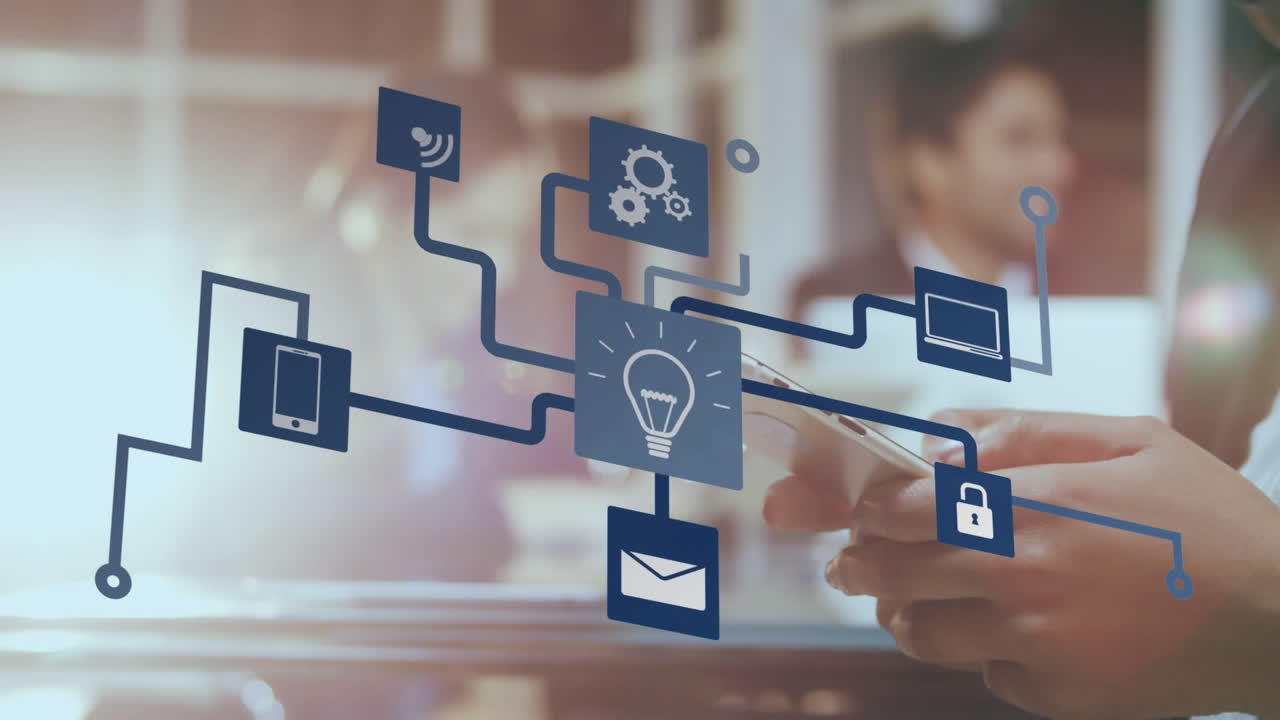 animación de una red de conexiones con iconos sobre una mujer de negocios que usa un teléfono inteligente