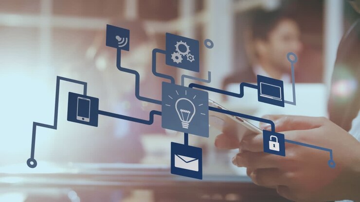 Animation of network of connections with icons over businesswoman using smartphone