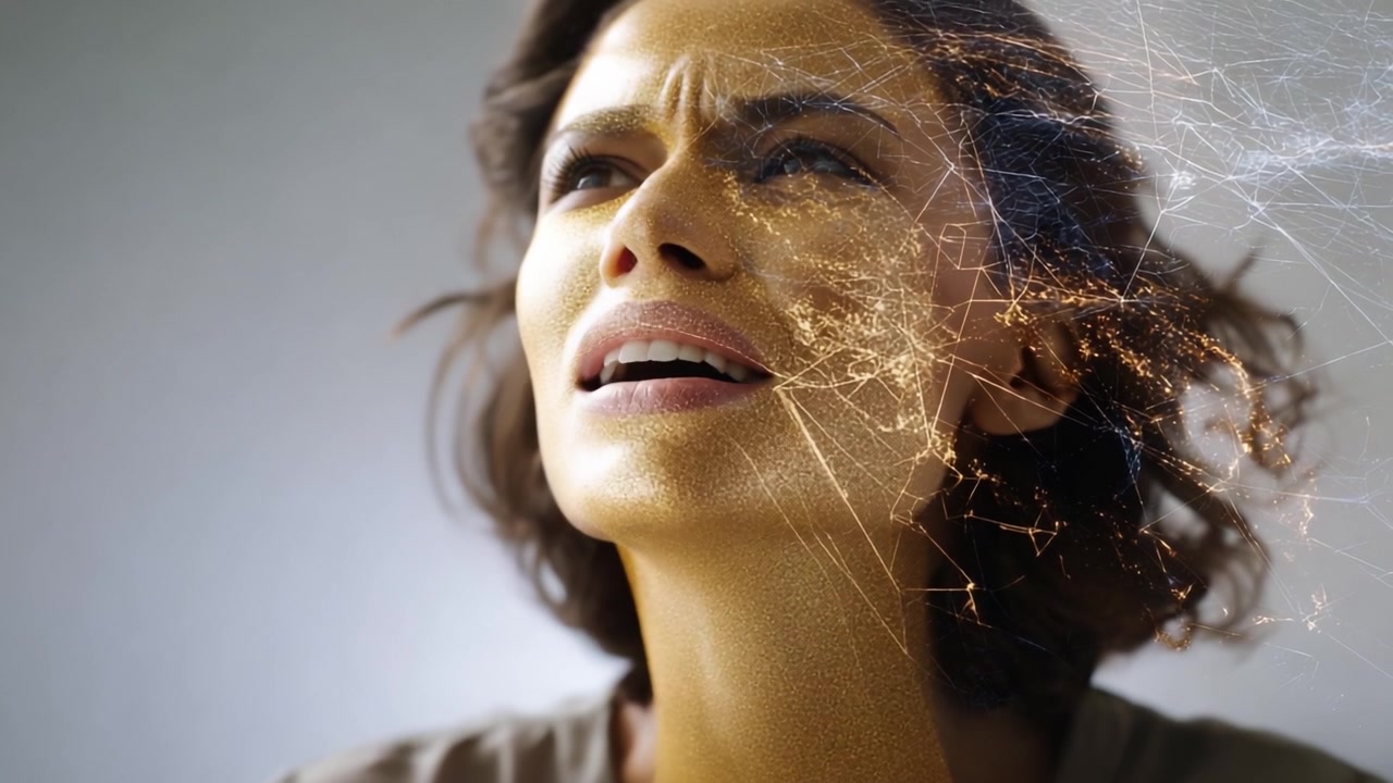An expressive woman showcases intense emotions as she transitions from anger to contemplation, with elements of abstraction enhancing her facial features and feelings.