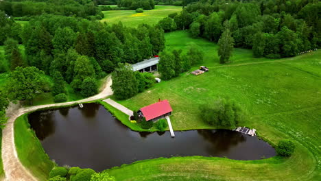 aerial drone backward moving shot over beautiful green farmlands beside a lake along with cottages in rural countryside at daytime