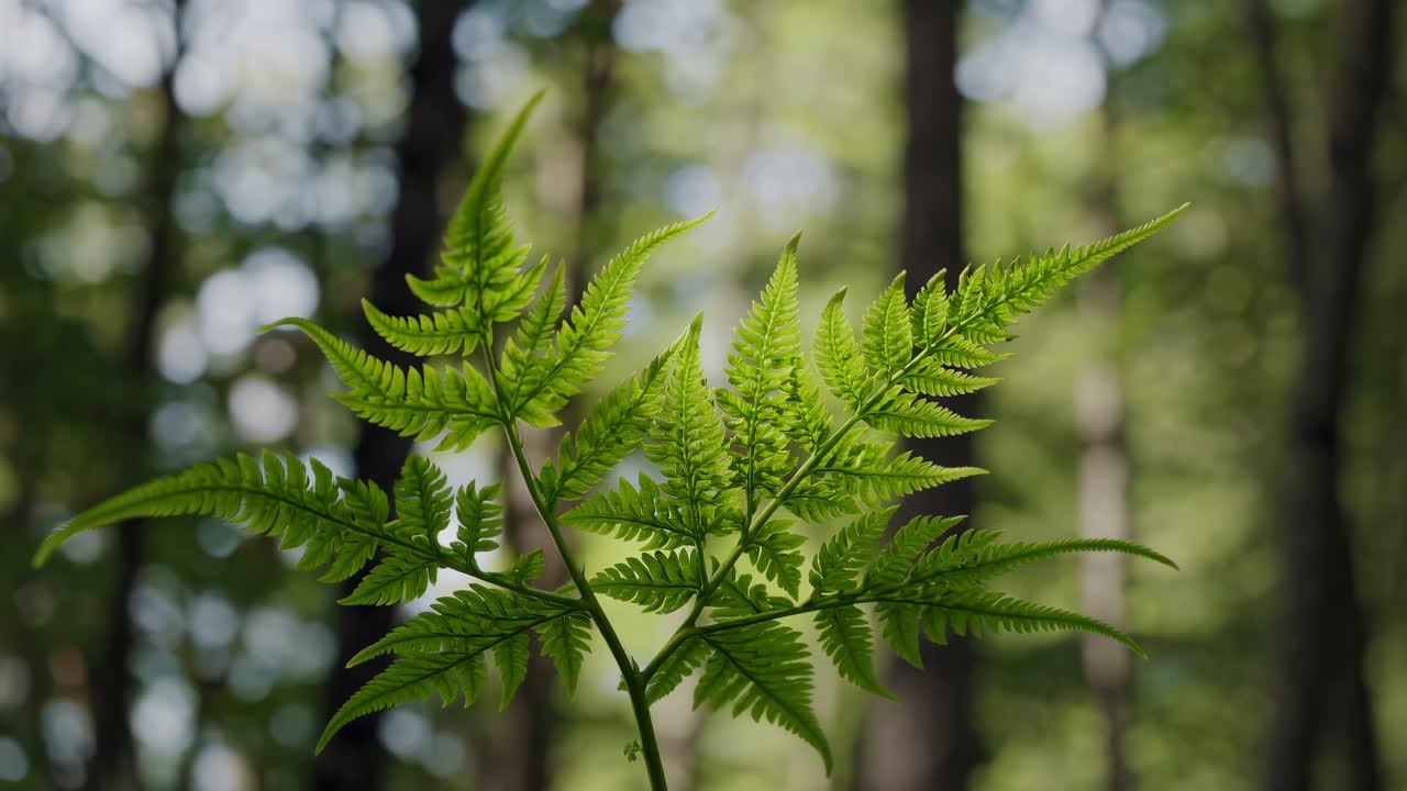 Close-up video of vibrant green fern leaves in a forest, captured from a low angle