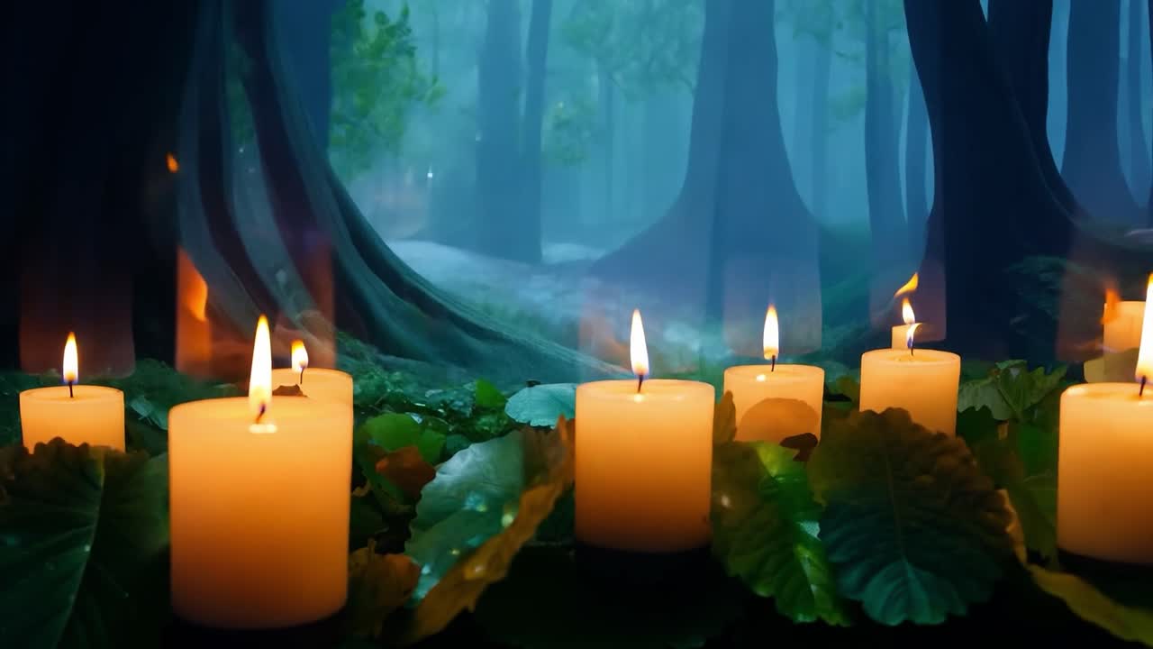 свечаная тропа в таинственном, пышном лесу. очаровательная атмосфера с высокими деревьями и мерцающими пламенами создает спокойную лесную сцену