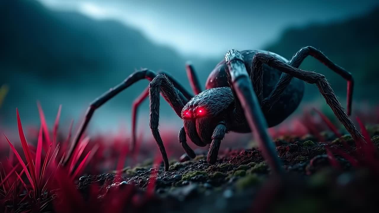 A large black spider with red eyes sitting on a moss covered ground