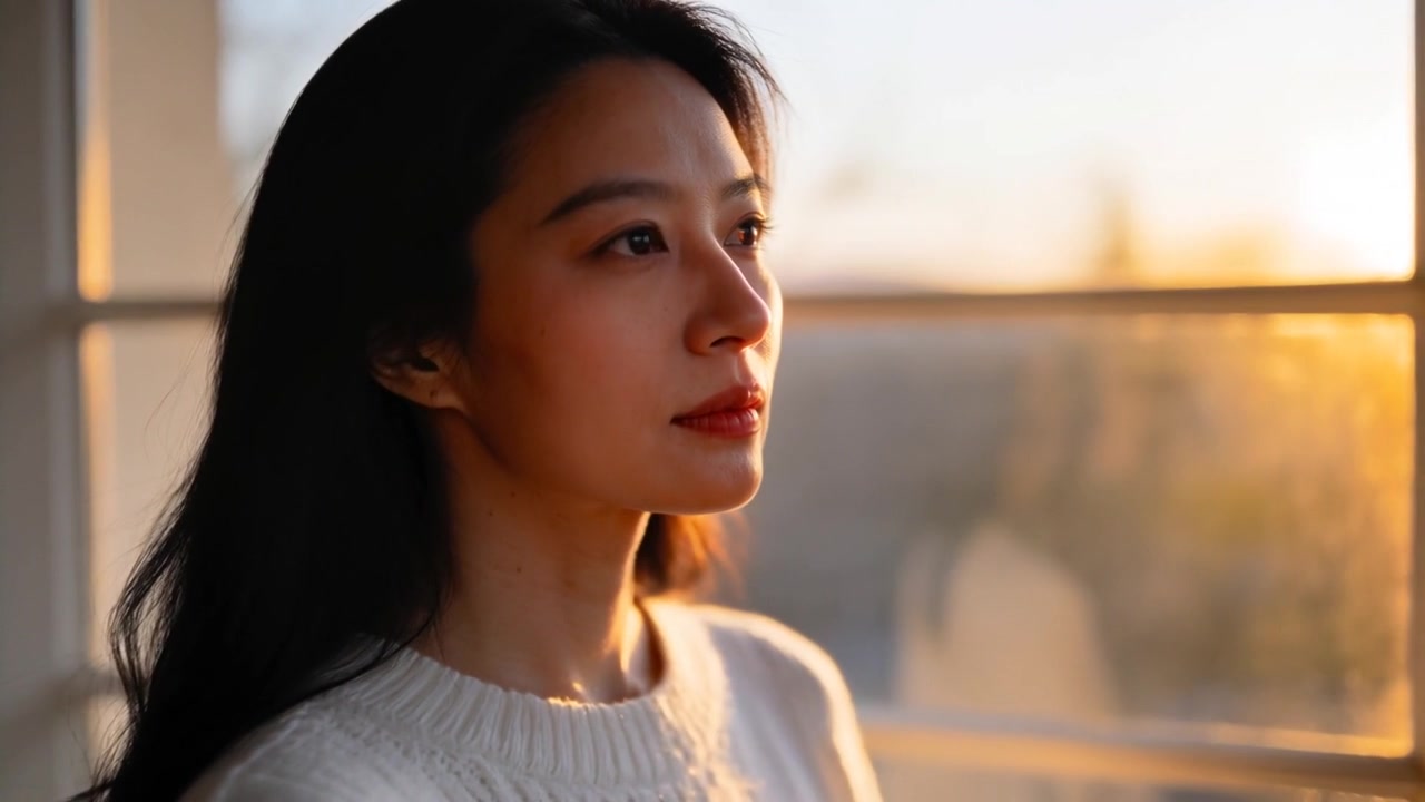 暖かい日差しに誘われ、白いニットセーターを着た女性が窓の方を向き、カメラがクローズアップするにつれて見つめている。