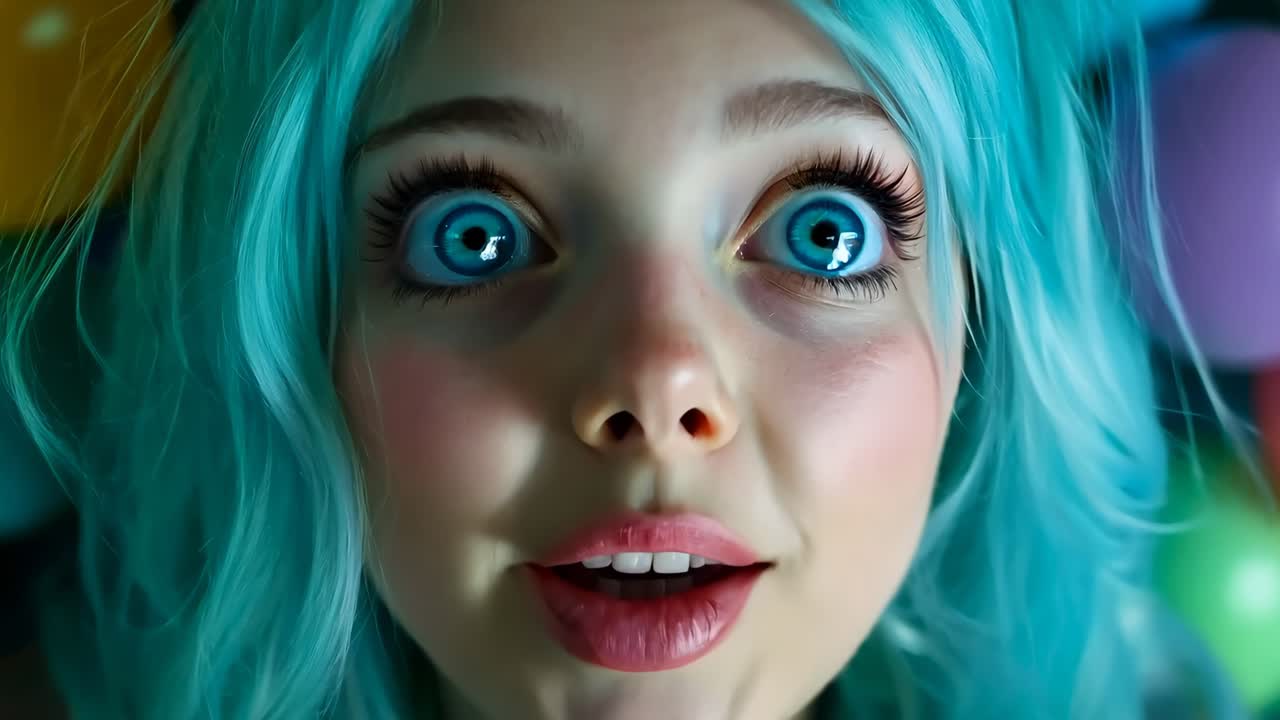 파란 머리카락과 파란 눈을 가진 여자가 재미있는 얼굴을 하고 있습니다.