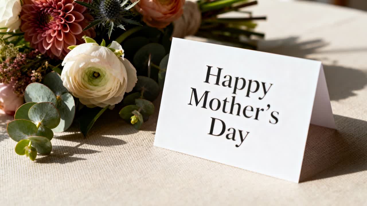 Camera moving closer, white card reading Happy Mother's Day, bouquet framing left, for marketers