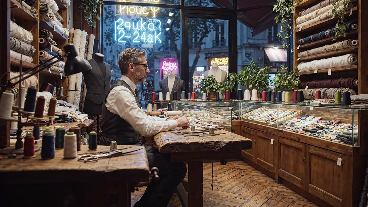 Un sarto al lavoro: uno sguardo sull'artigianato in un affascinante negozio di tessuti con rocchetti, fili e strumenti di sartoria in un'atmosfera artistica.