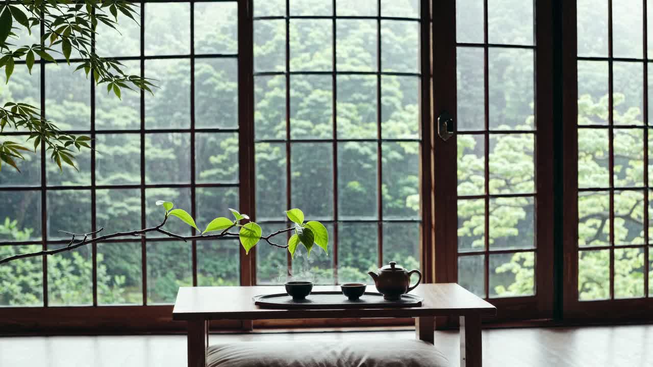 Serene video scene of a tea set on a low table by large windows overlooking lush greenery
