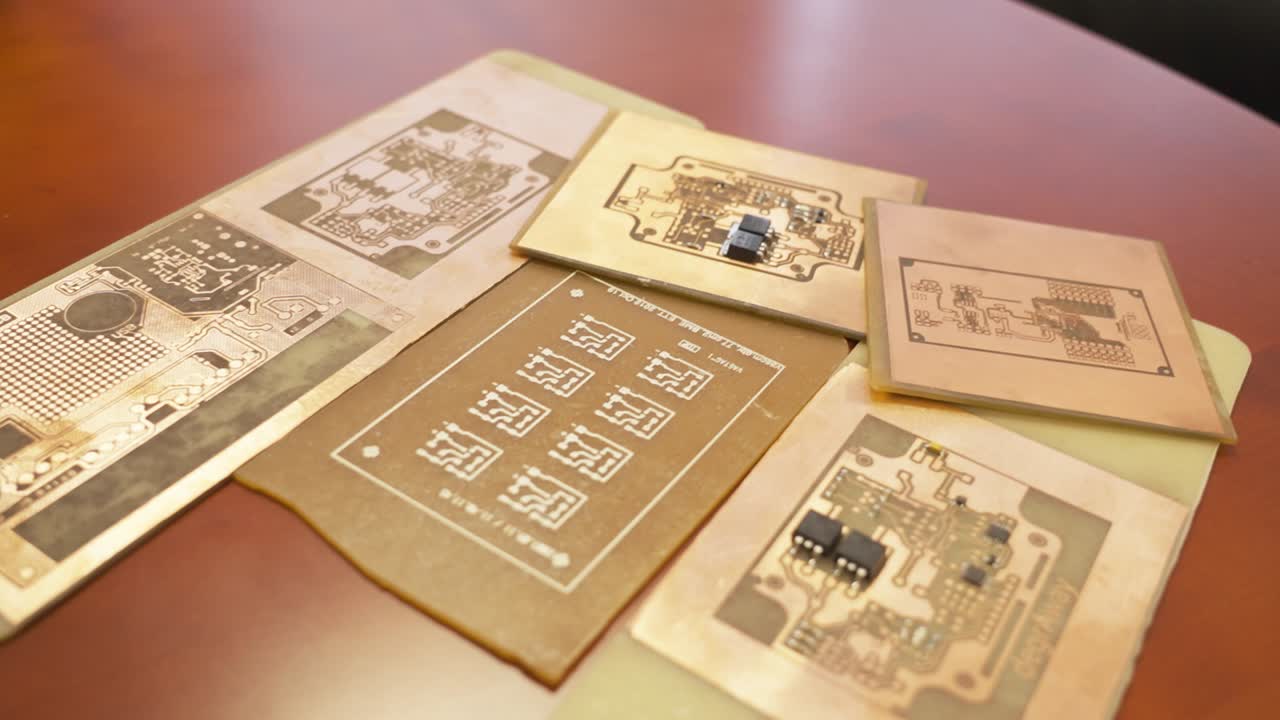 Collection of PCB circuit boards on a table