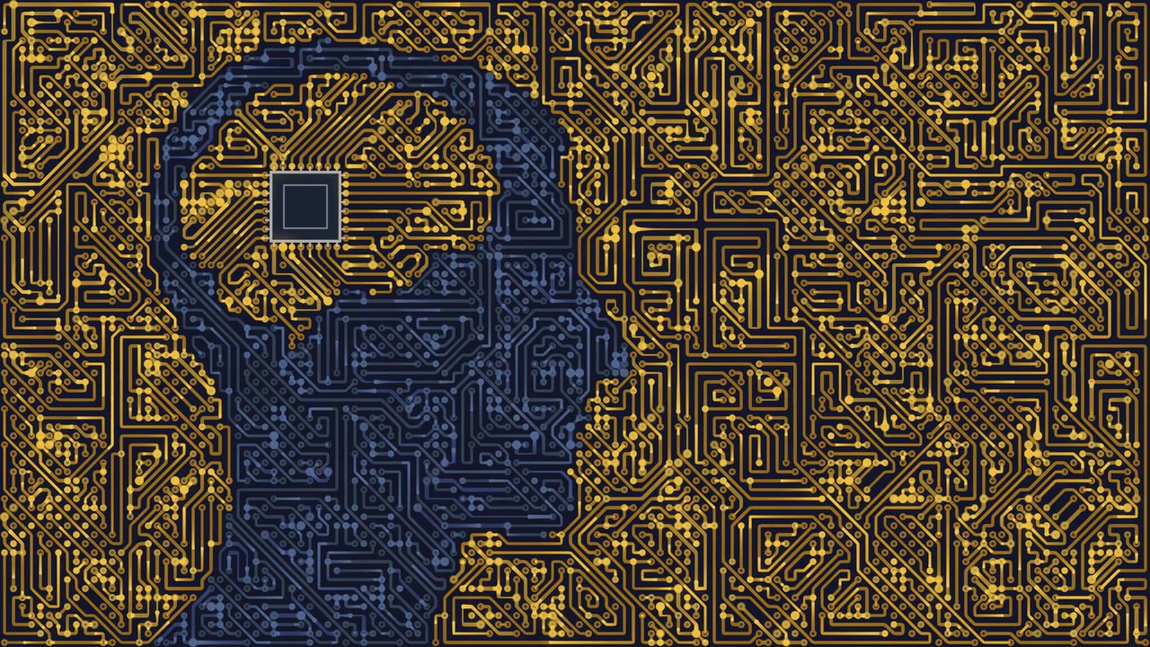Intricate circuit board patterns form a human head silhouette with a central chip, artificial intelligence, digital thought and machine learning concept animation