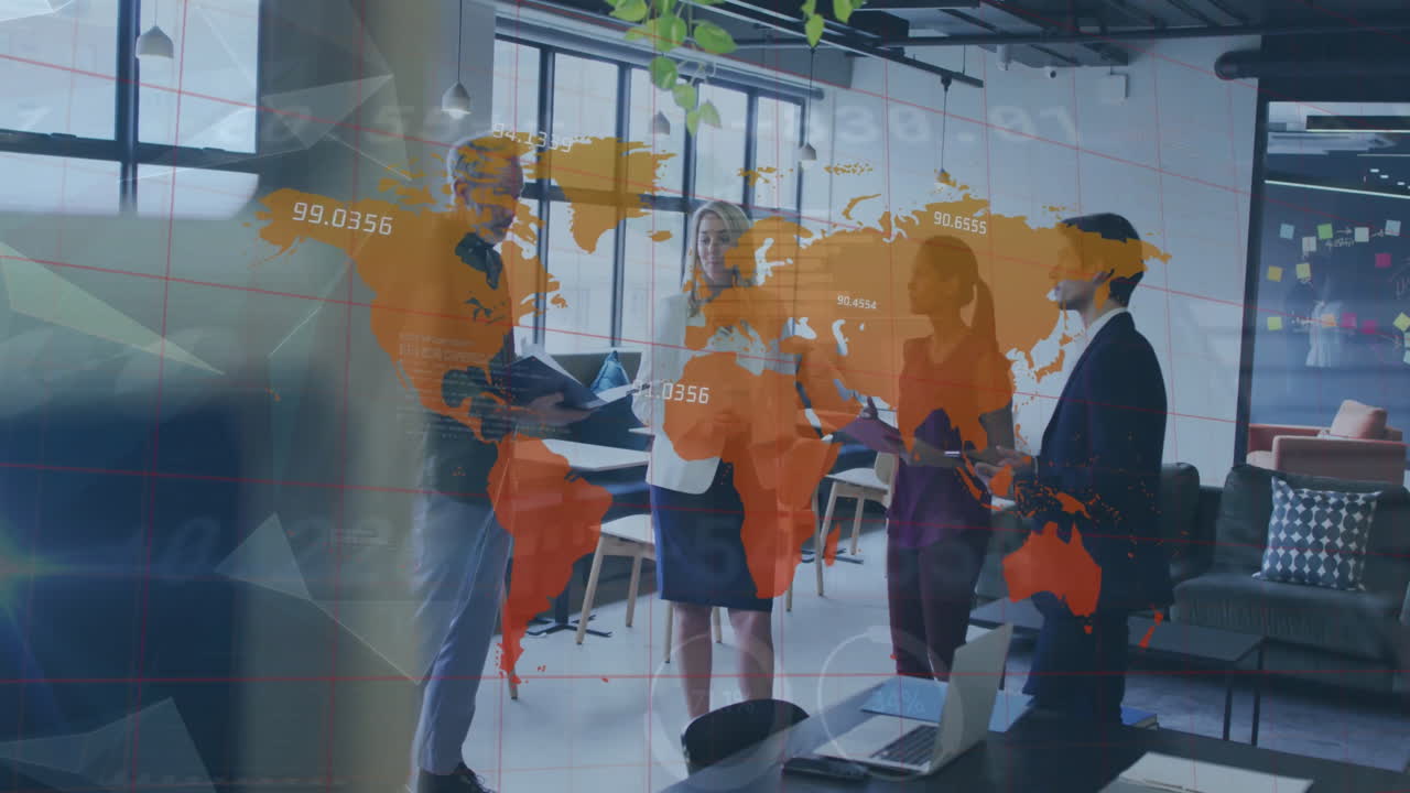 Animation of financial data processing and world map over diverse business people in office