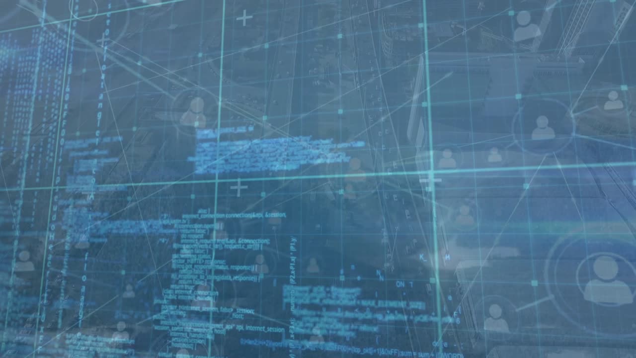 Animation of network of connections with icons over cityscape