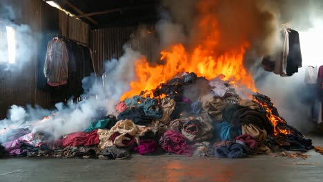 a pile of clothes on fire in a warehouse