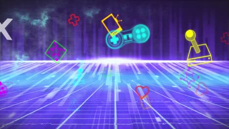 Animation-of-colourful-game-and-media-icons-over-moving-lights-on-purple-background