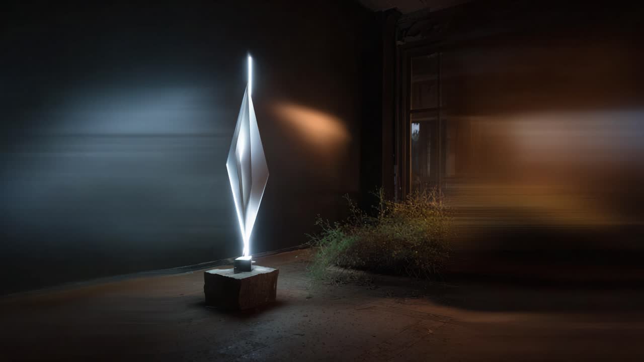 Sculptural Light Installation in an Abandoned Space: A Unique Fusion of Modern Art and Ambient Illumination Creating a Mesmerizing Atmosphere of Serenity