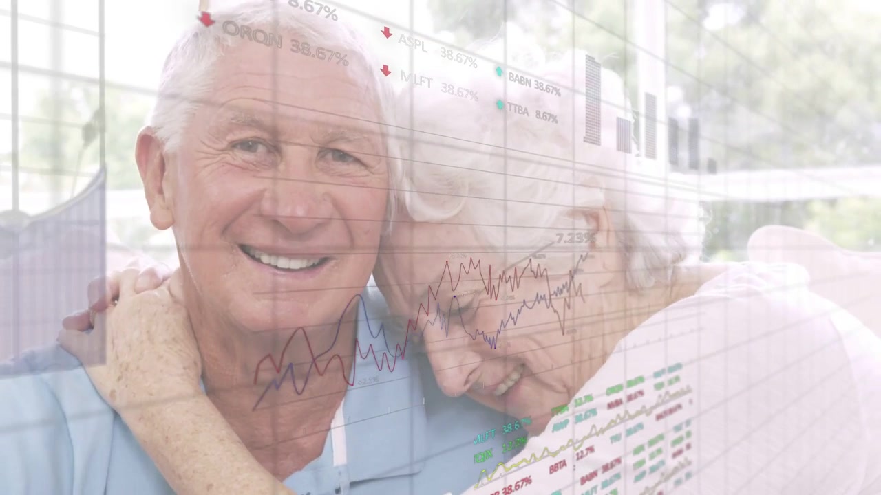 Woman placing arm around man wearing cannula couple on porch checking funds as charts overlaying