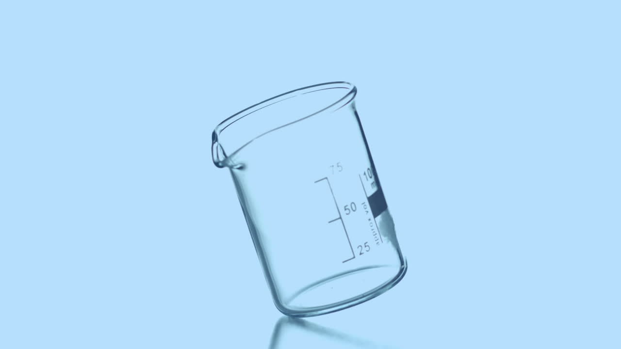 Animation of blue circle and diverse geometric shapes over rotating chemical glass