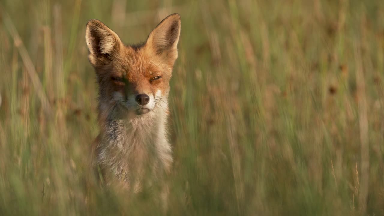 primer plano de un zorro solitario en un campo de hierba mirando intensamente a la cámara