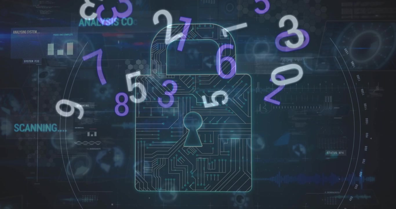 Animation of digital interface with security padlock over dark background