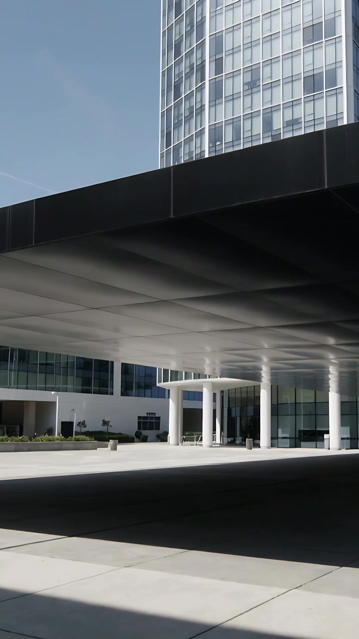 Video vertical: Cámara inclinándose para revelar la marquesina de un edificio y columnas blancas en una plaza de acceso a la calle.