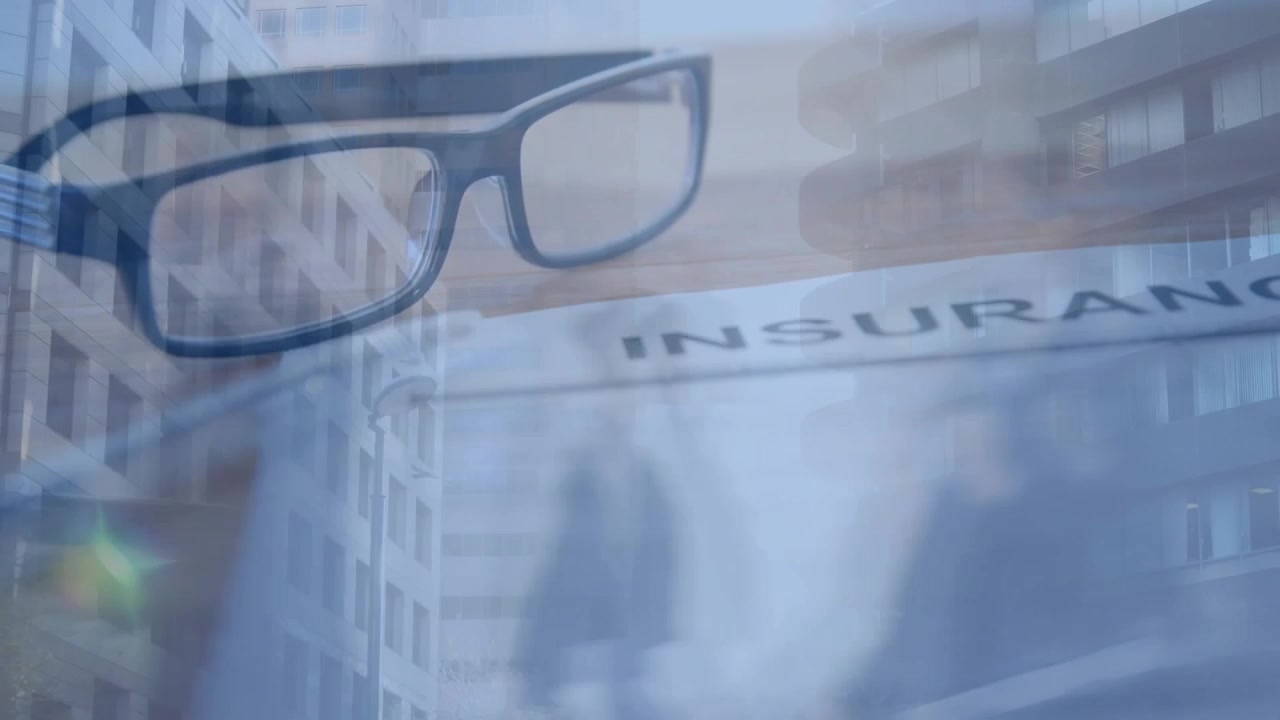 Glasses anchoring left, parallax motion revealing insurance sign and guiding walkers for marketing