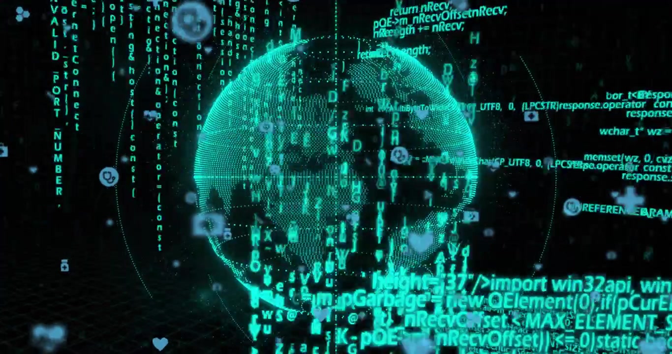 Teal globe rotating, panning revealing streaming code, orbiting icons visualizing data network
