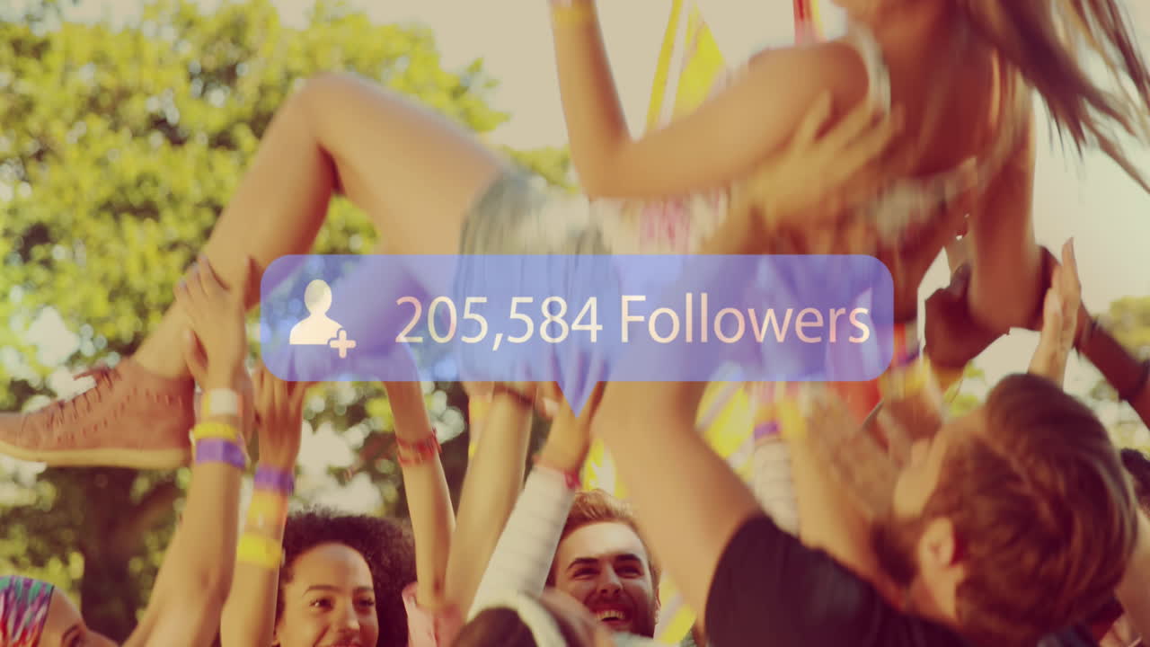 Speech bubble with followers text with increasing numbers against woman being thrown in the air