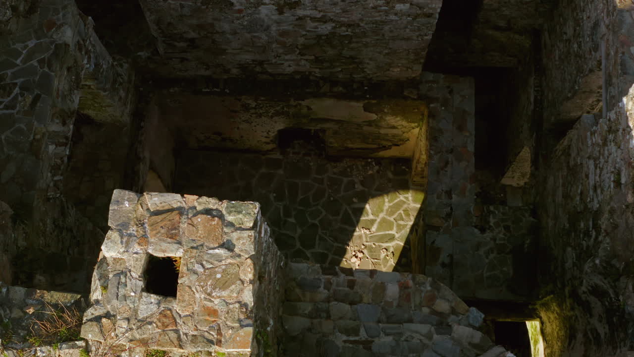 Dynamic aerial shot of O'Flaherty Castle, showcasing the tower structure with a top-down perspective, highlighting its architectural features. Ballynahinch Lake, Connemara, Ireland.
