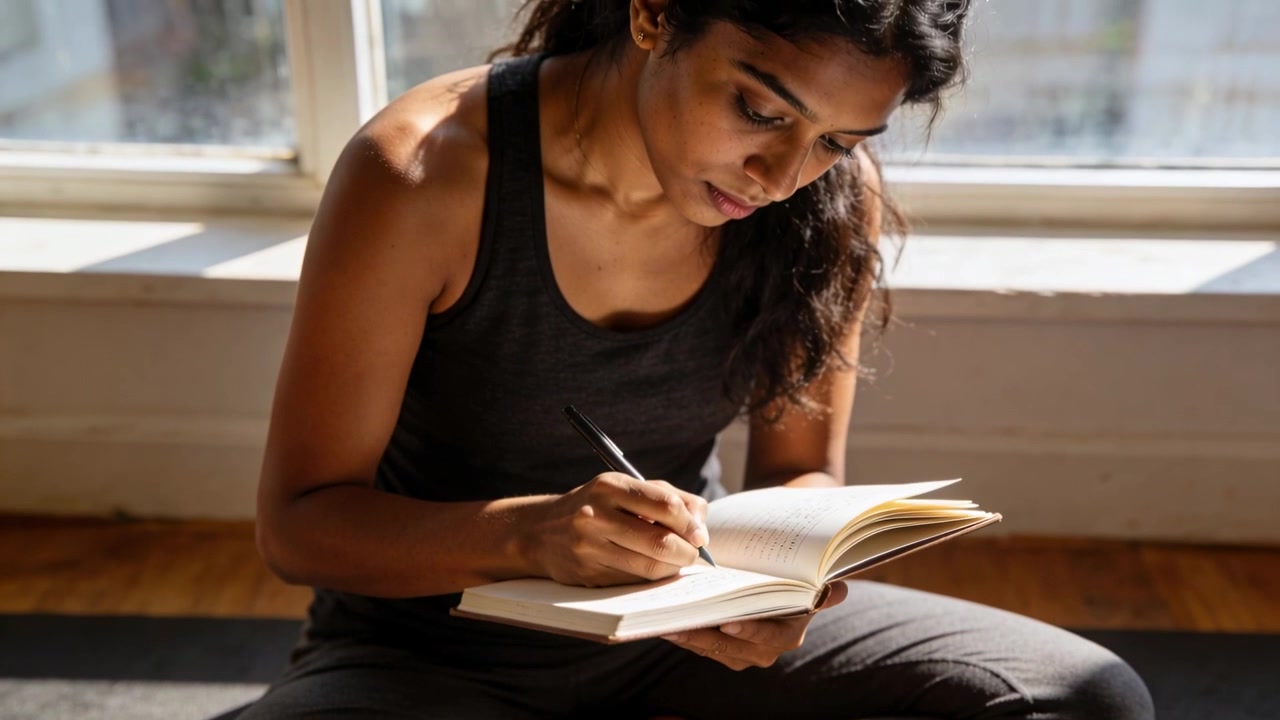 Donna che scrive con un quaderno aperto, penna in bilico, che tiene un diario alla finestra su un tappetino, in canotta e leggings.