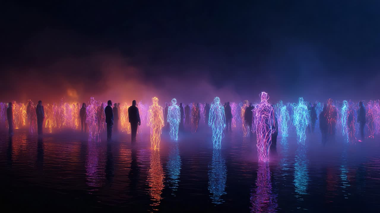 Ethereal scene showing a person walking among a crowd of glowing humanoid figures standing in the water at night, a representation of digital souls, metaverse avatars, or spiritual entities