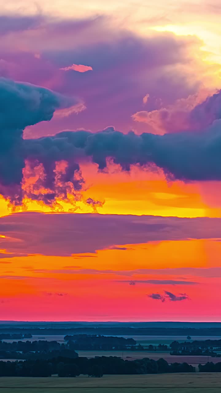 Atardecer intenso rosa y naranja sobre campos mientras las nubes aparecen y se forman de la nada a la hora azul, timelapse natural vertical