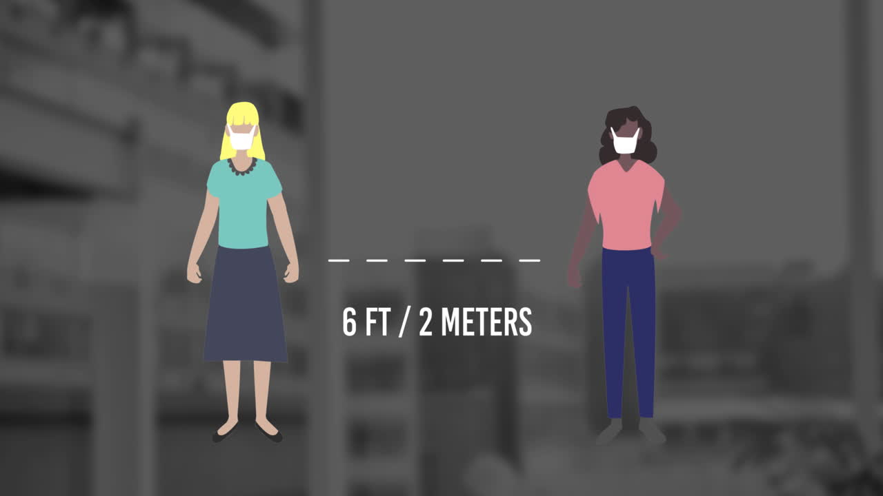 animación de personas que llevan una máscara distanciamiento social
