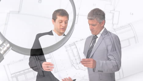 men in suits holding plans montage over architectural drawing and magnifying glass