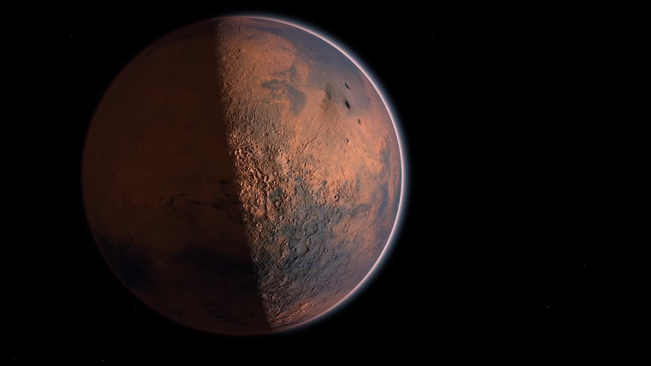 Mars Planet Rotating in the outer space.. Orbiting Planet Mars. Traveling to the red planet Mars in space. Elements of this video furnished by NASA.