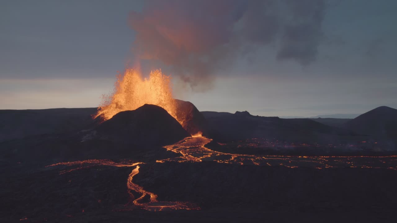 Powerful volcanic eruption landscape at dusk Iceland 2021