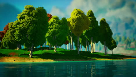 cartoon green forest landscape with trees and lake