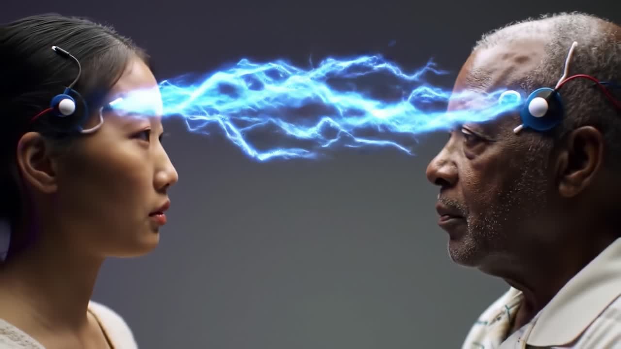Intense Connection: A Dynamic Visual of Two Individuals Engaged in a Powerful Exchange of Energy and Thought, Represented by Electric Currents Bridging Their Minds