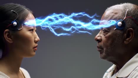 intense connection: a dynamic visual of two individuals engaged in a powerful exchange of energy and thought, represented by electric currents bridging their minds