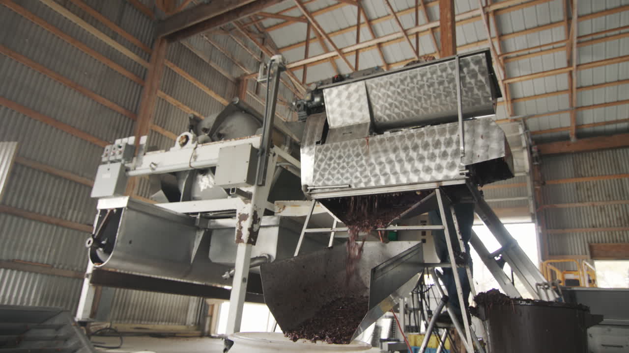 las materias primas para la fabricación de vino se introducen a través de la escotilla en un gran barril. trabajo en una pequeña bodega familiar. vídeo 4k