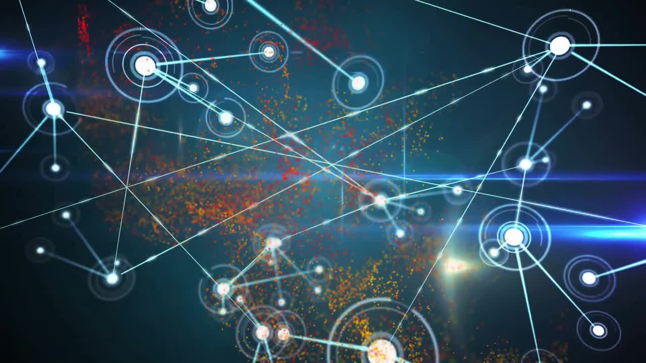 Central glowing node initiating white lines toward nodes while network expanding forming web