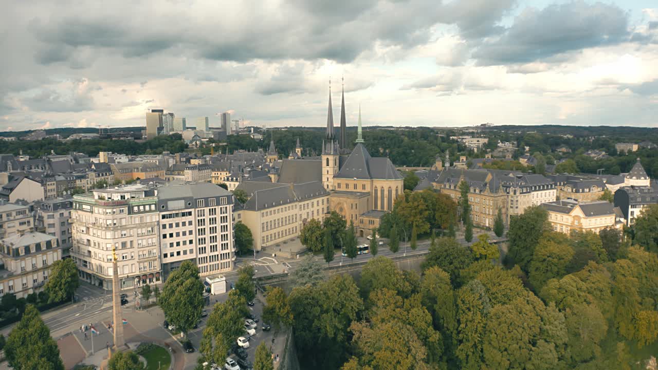Aerial view of Luxembourg City’s historic old town during sunset