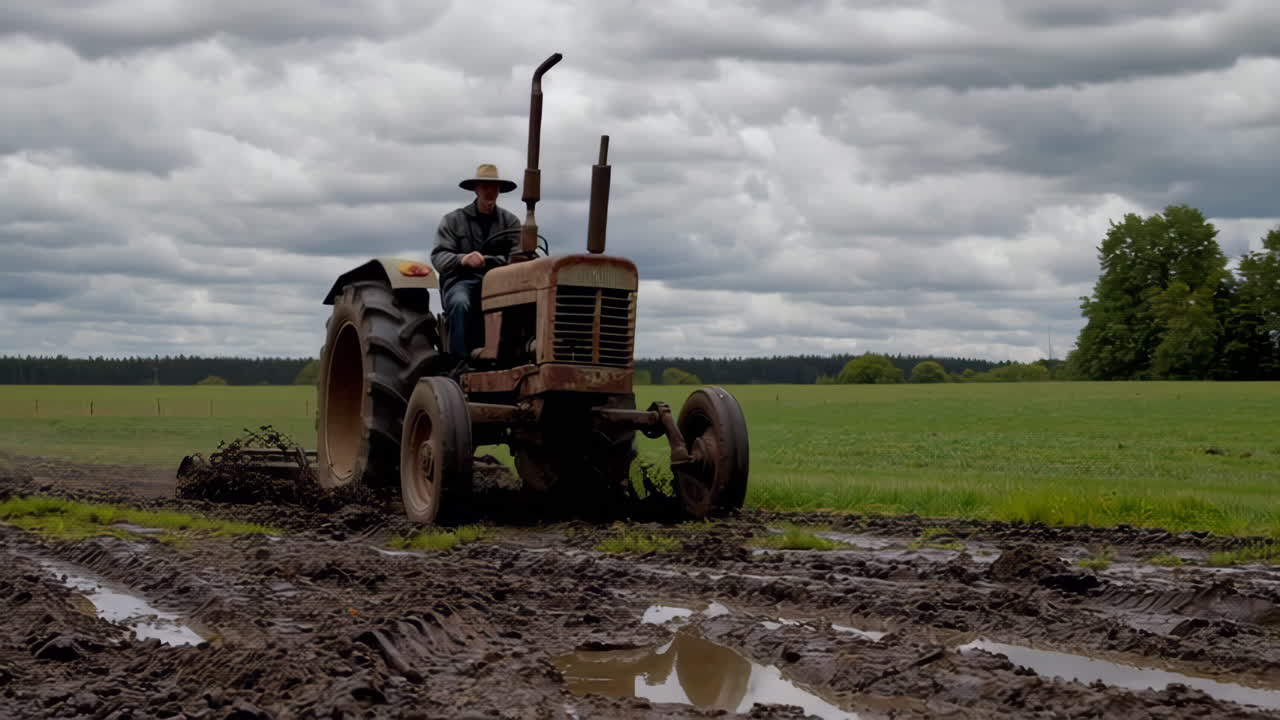Farmer working in a muddy field with an old tractor