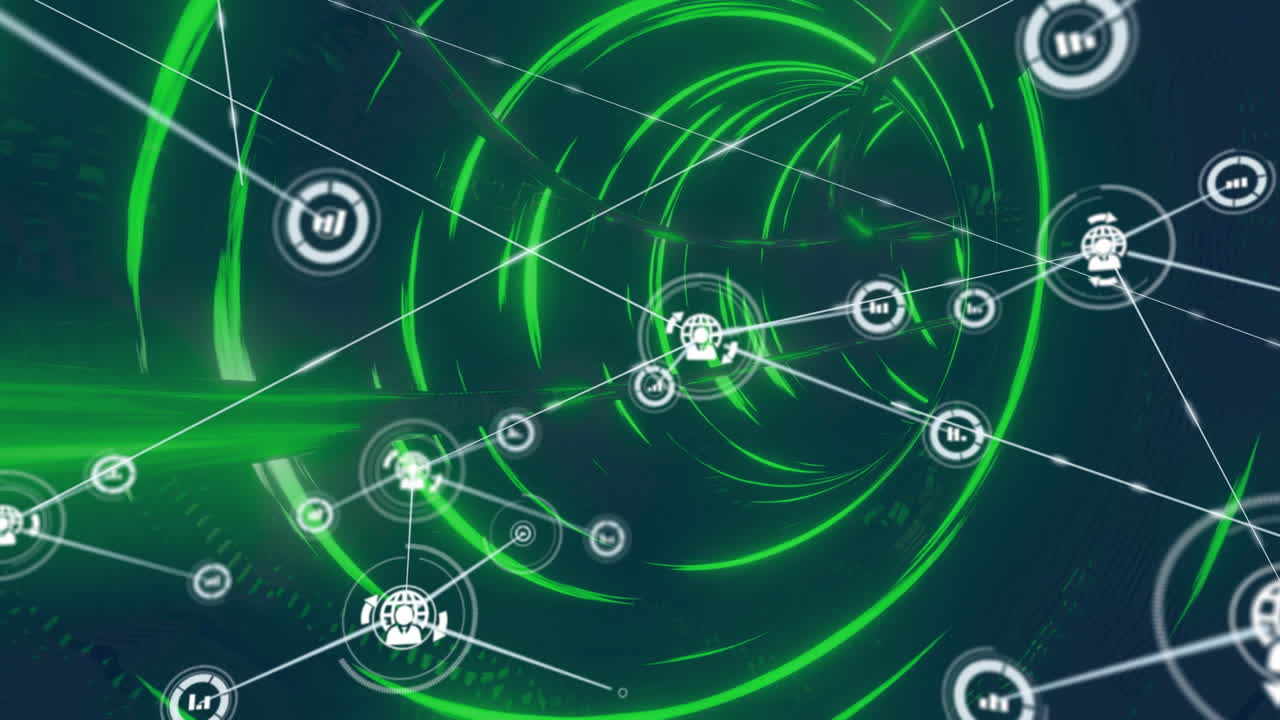 Animation of network of connections with icons over neon tunnel background