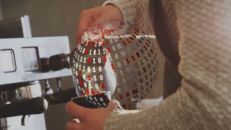 barista hands steaming milk under steam wand, featuring floating digital binary code sphere