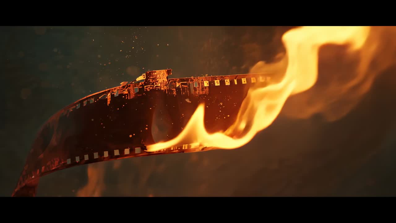Bright flame igniting film strip on dark backdrop, curling and producing embers, drifting sparks