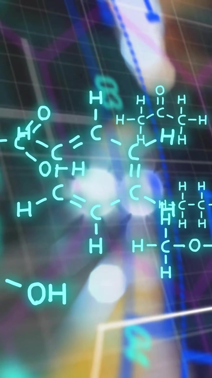 Animation of illuminated chemical formulas, mandala pattern over train arriving at subway station