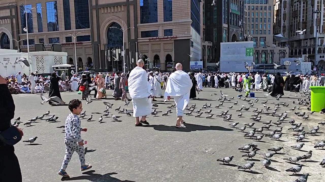 Pilgrims Walking Through Mecca Square with Pigeons