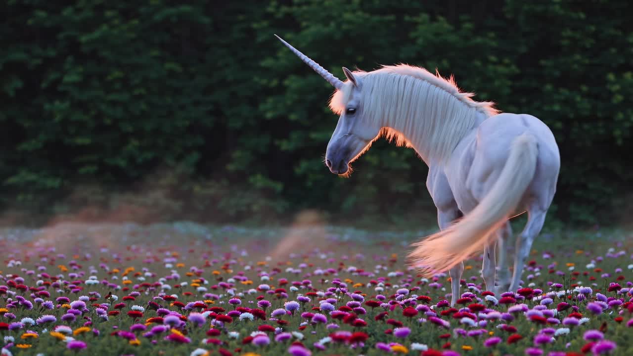 A mystical unicorn walks through a vibrant flower field at sunrise
